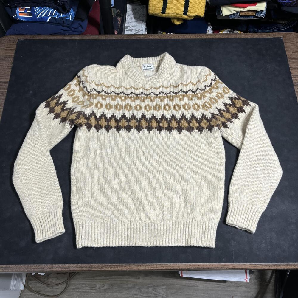 L.L. Bean Wool Sweater Mens Small Fair Isle Nordic Crewneck Heavy Knit Lopapeysa